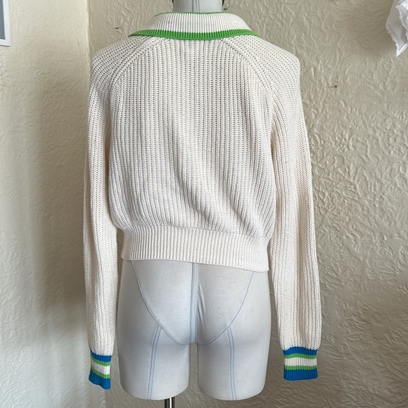 Urban Outfitters BDG Ivory Cropped Collared Taylor Sweater Green Blue Trim M - Picture 7 of 13